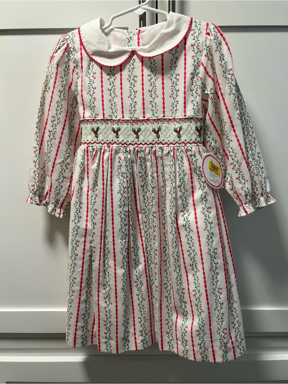 Edgehill Collection White Dress with Red & Green Floral Stripes